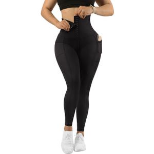 MOOSLOVER Women Corset High Waisted Leggings with Pockets Tummy Control Body Shaper Yoga Pants (Large, #1 Strong Tummy Control-black)