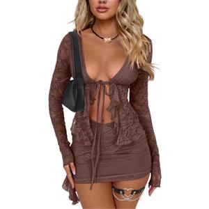 CSDAJIO 2 Piece Outfits for Women Floral Lace Open Front Tie Up Long Sleeve Crop Top Blouse Shirt and Mini Skirt Set (Small, Sienna)