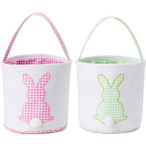 Easter Basket with Handle Easter Bucket Easter Baskets Easter Basket Bags Egg Hunt Basket Canvas Plaid Bunny Print Basket with Fluffy Tail (Pink Plaid+Green Plaid)