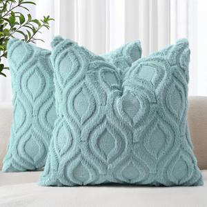 decorUhome Throw Pillow Covers 16x16 Inch Set of 2, Soft Plush Faux Wool Aqua Solid Couch Pillow Covers, Accent Farmhouse Neutral Square Pillow Cases for Sofa Bed Living Room Home Decor