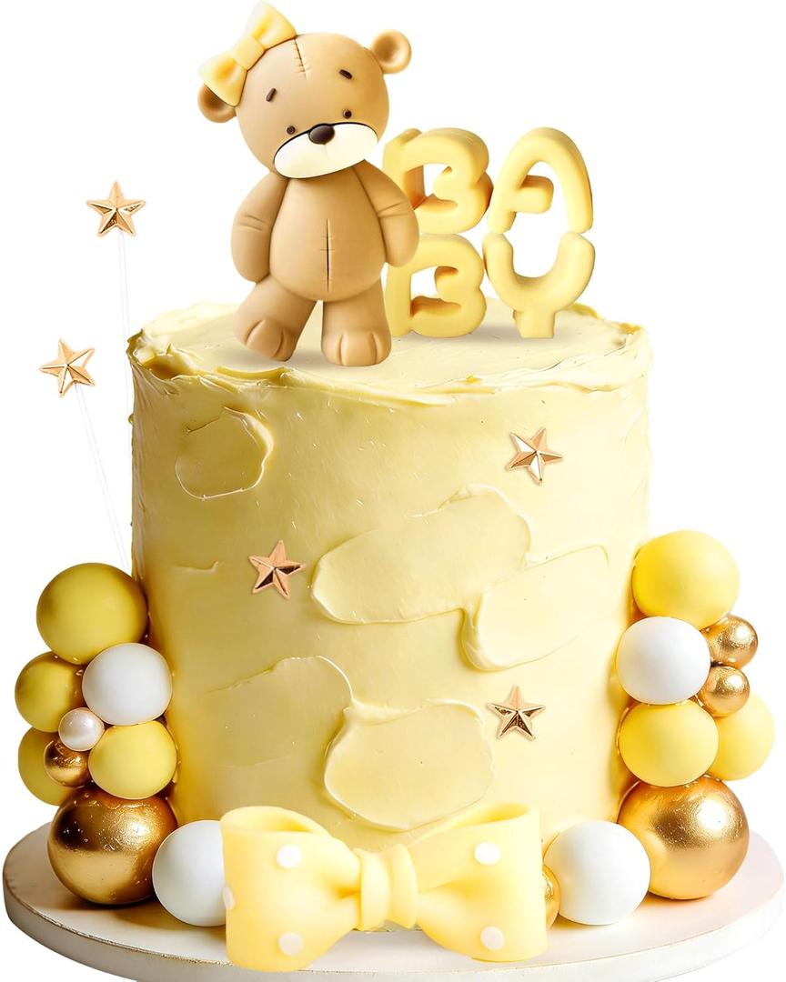 Yellow Baby Shower Cake Decoration Bear Cake Topper Gender Reveal Cake Decoration Green Gold Balls Cake Topper for Baby Shower Birthday Party Decoration