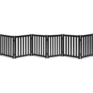 LZRS 6-Panel Extra-Wide Freestanding Wooden Dog Gate Indoor 24High Foldable Safety Pet Barrier for Doorways, Hallways, Kitchens, and Long Staircases, Durable Design fit Small to Medium Dogs, Black