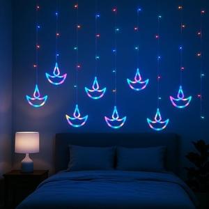 KEPATO Diwali String Lights Multicolor 12 Diya Curtain Lights 138 LED Battery Operated Indian Festival Lights for Wall Window Room Decor Indoor Outdoor
