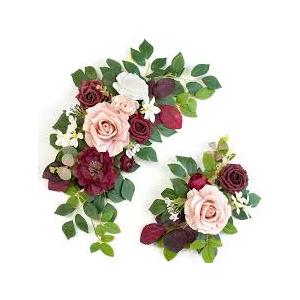 Piklado Wedding Decor (Pack of 2) Welcome Sign Flower Backdrop Garland for Ceremony Reception Wall Easel Home Decoration Entryway Faux Outdoor Board Head Table Decor (Burgundy & Dusty Rose)