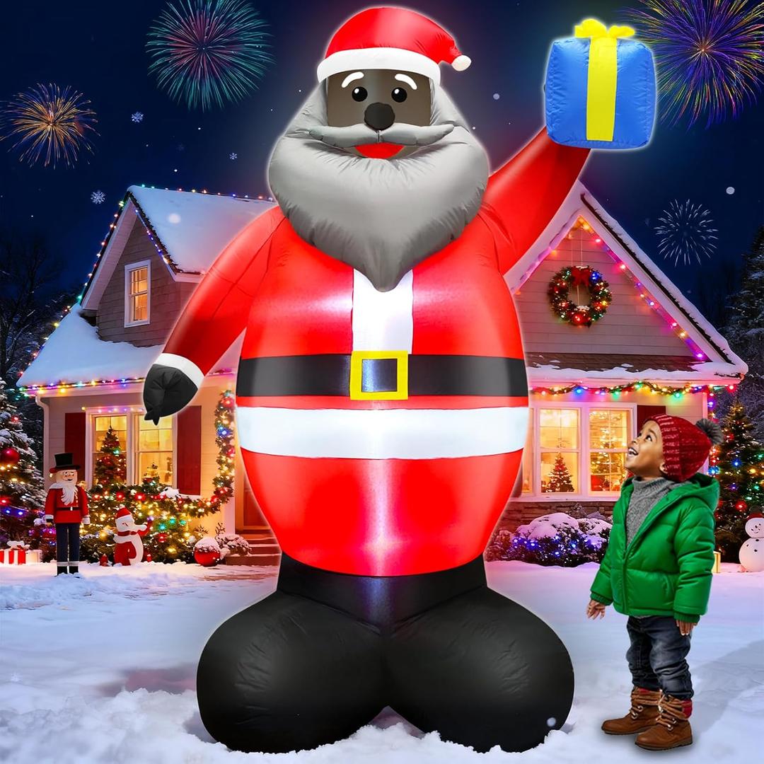TURNMEON 8 Ft Christmas Inflatables Outdoor Decorations Black Santa Claus, African American Santa Holds Gift Box Built in LED Lights Christmas Blow up Yard Decorations Xmas Holiday Lawn Garden Home