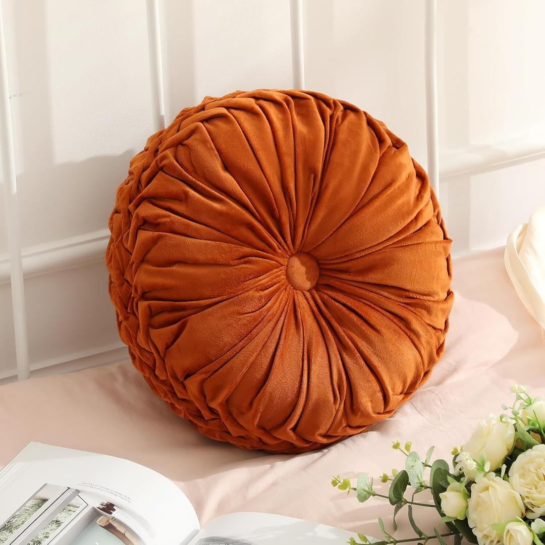 Drydiet 1 Pcs Round Throw Velvet Pillows Decorative Pleated Throw Pillows Diameter Accent Pumpkin Boho Chair Cushion for Couch Sofa Home Decoration (Brunt Orange,15'')