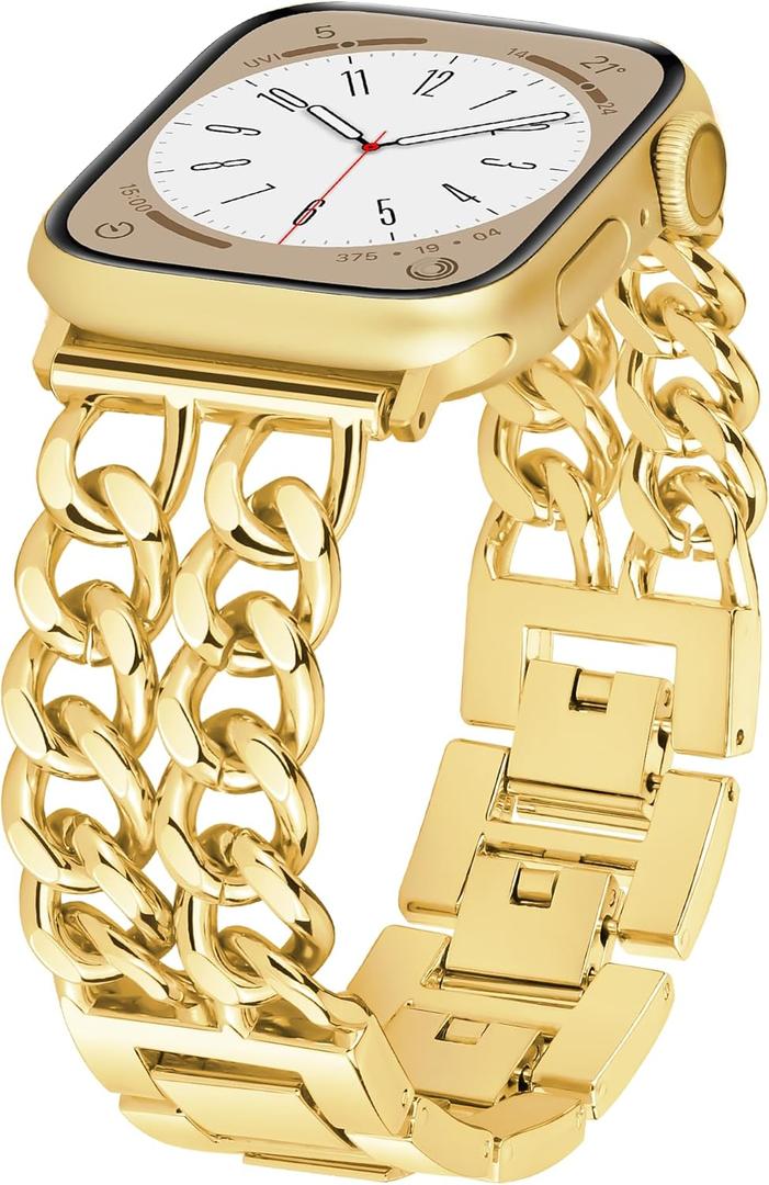 Metal Watch Bands for Women Compatible with Apple Watch Bands for Women Men 40mm 38mm 41mm 42mm 44mm 45mm 46mm, Adjustable Replacement Bracelet for iWatch Bands Series 11 SE 10 9 8 7 6 5 4 3 (Double Chain Gold)