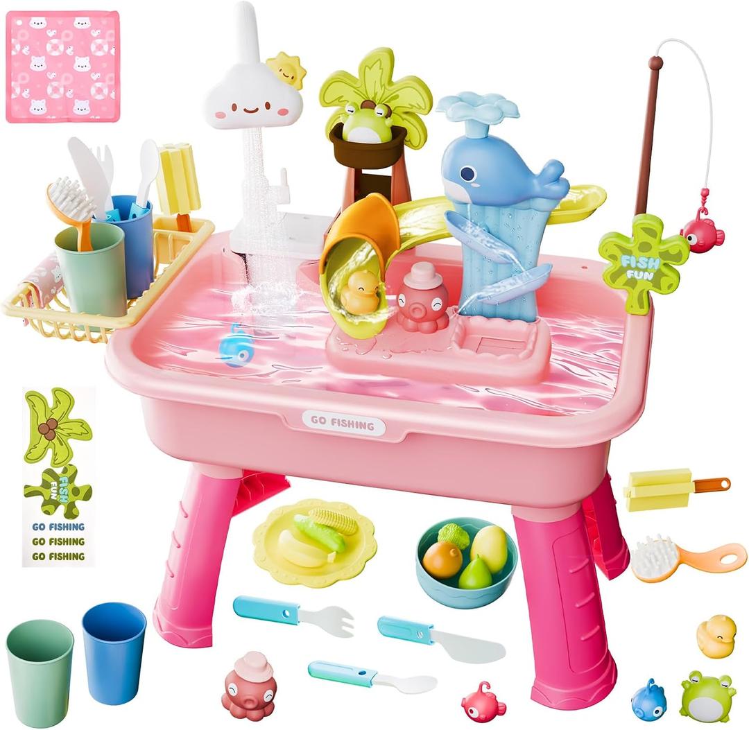 Water Table for Toddlers 1-3, Mini Water Table Toys with Pump for Kids Ages 4-8, 4-in-1 Play Sink with Running Water for Kids Outdoor Play, Kitchen Pretend Play(Pink)