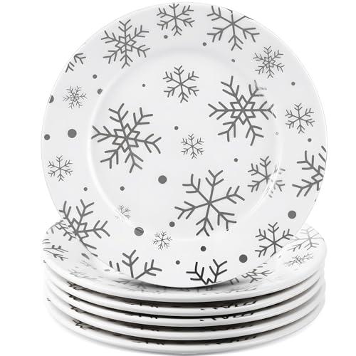 Honeydak 6 Pcs 6 Inch Christmas Snowflake Plates Ceramic Porcelain Plate Silver White Snowflake Winter Dinner Appetizer Salad Dessert Dishes for Christmas Birthday Winter Party Decoration Supplies