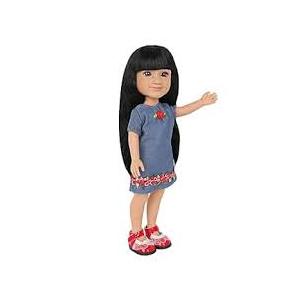 MSYO 14 Inch Girl Doll - Lina, Black Long Hair, Bright Purple Eyes, Freckles on Face, 14-Inch Fashion Doll Wearing Blue Clothing and Silver Leggings, Brown Leather Shoes, Dolls for 3+ Year Girls
