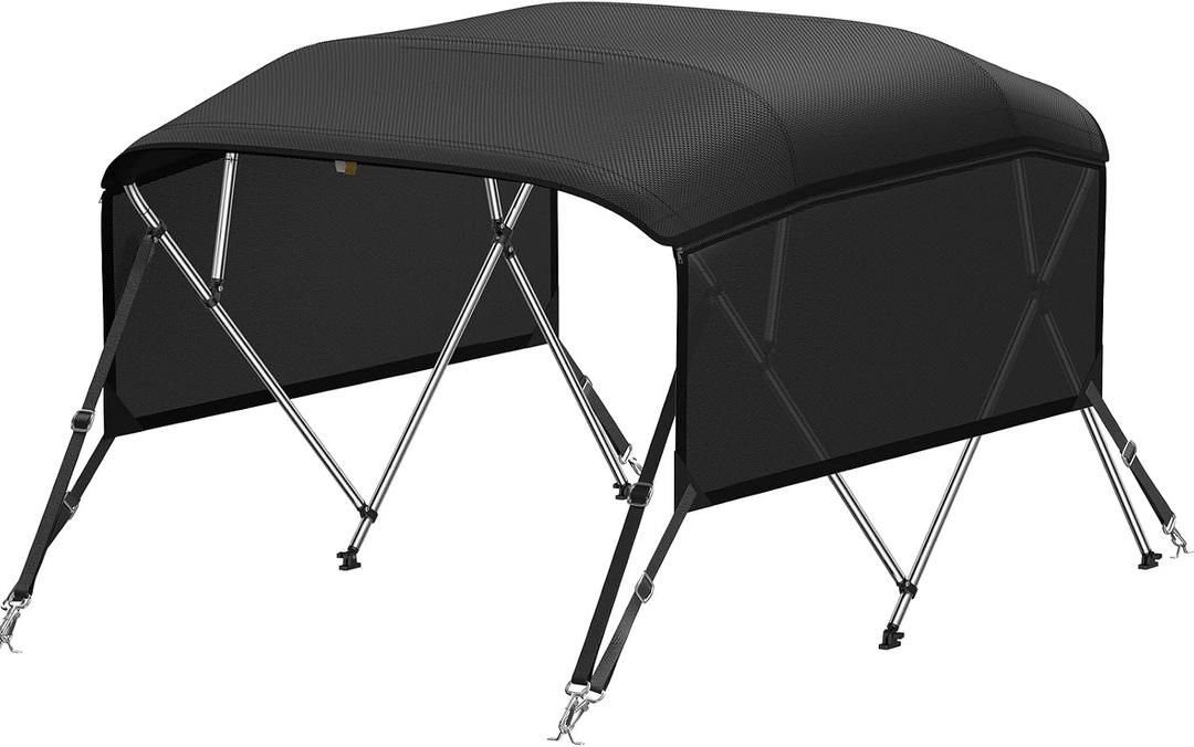 KAKIT Bimini Tops with Mesh Sidewalls (4 Bow 8'L x 54" H x 54"-60" W,Black) | Heavy Duty,Anti-UV,Waterproof,Support Poles,2 Straps,Zippered Storage Boot,Marine Grade Canvas,1 Inch Aluminum Frame