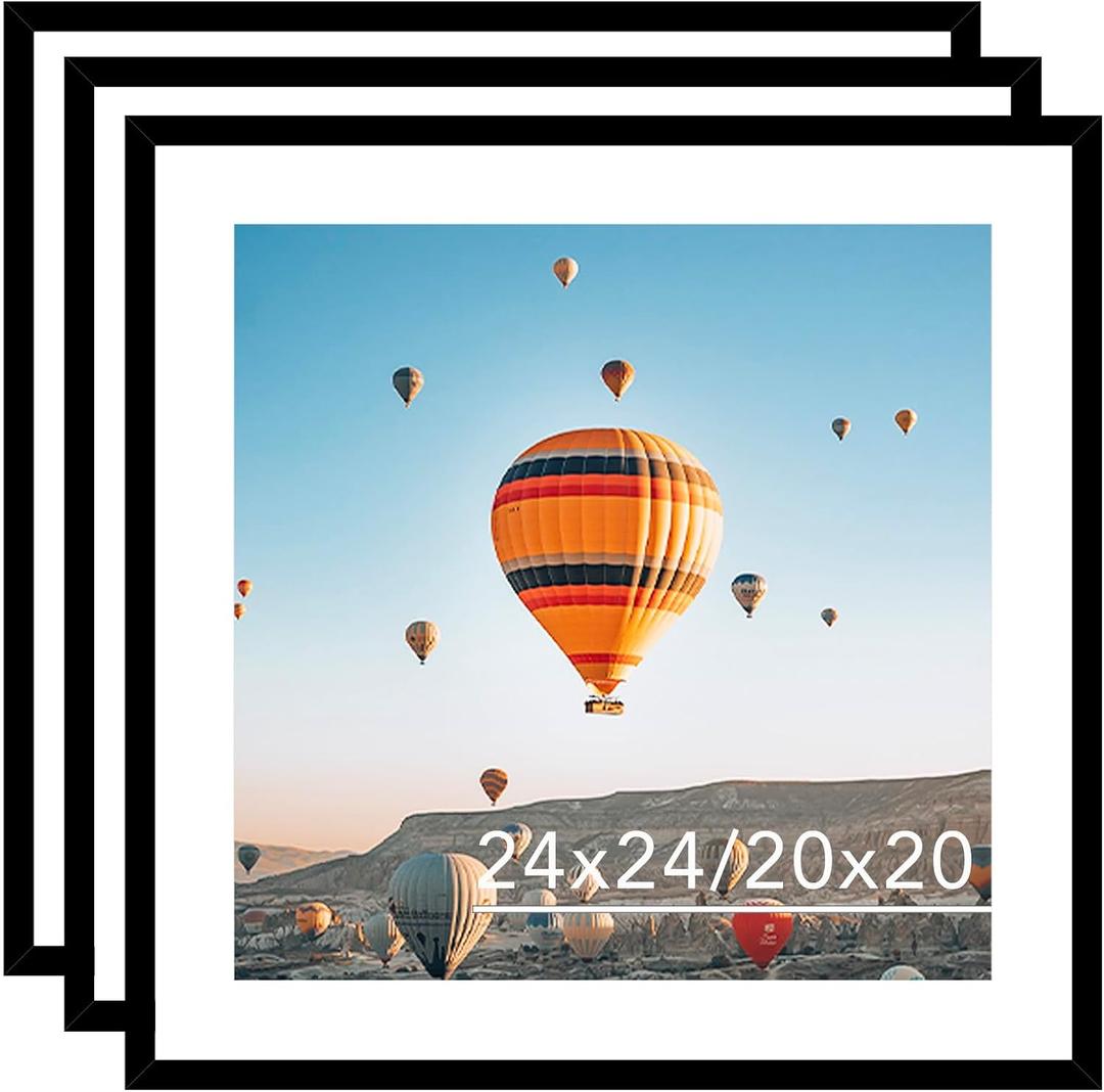 JCJMY 24x24 Picture Frame Set of 3 Black with 20x20 Mat, Display Photo 20x20 with Mat or 24 x 24 Without Mat, Wall Hanging Large 24x24 Poster Frame with Shatter Resistant Plexiglass, 3 Pack, Black