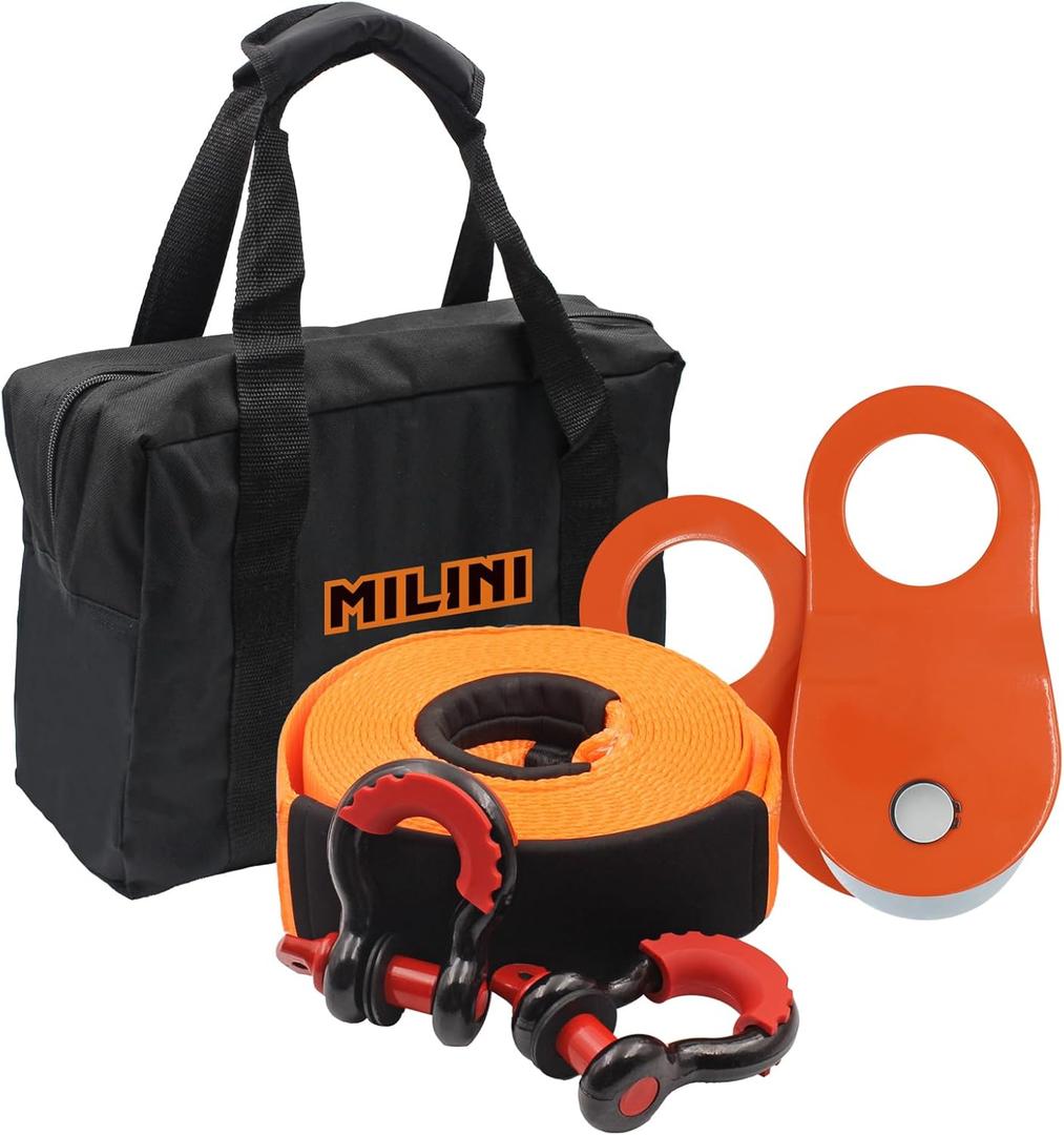 Offroad Recovery Strap Kit, 3" x 30ft Tow Strap+10 Ton Snatch Block Pulley+D Ring Shackles+Bag, 4x4 Winching Accessories