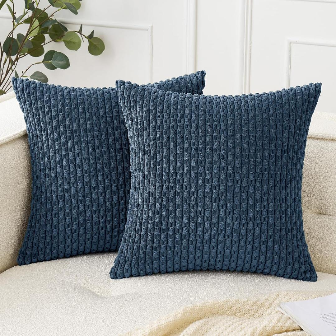 Woaboy Blue Throw Pillow Covers 18x18 Inch Set of 2 Decorative Couch Pillow Covers Farmhouse Soft Corduroy Boho Home Decors for Winter Spring Cushion Bed Sofa Living Room (18" x 18" (Pack of 2), Blue)