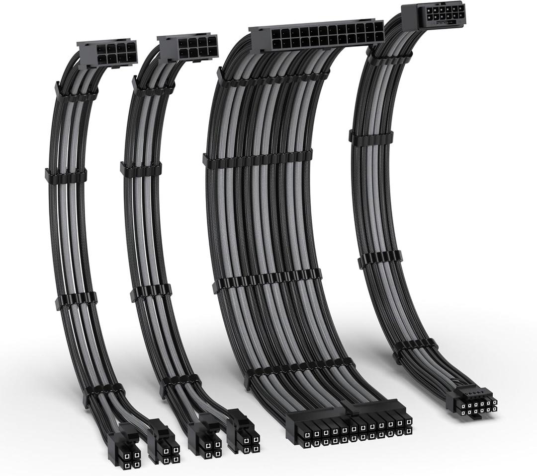 EZDIY-FAB 12VHPWR PSU Cable Extension Kit for RTX 50/40 Series,16AWG PCIE 5.0 Power Supply Cable Extension- 1x 24 Pin ATX /2X 8Pin (4+4) EPS / 1x12+4 Pin GPU,Sleeve Cable 300MM with Combs,Black/Grey