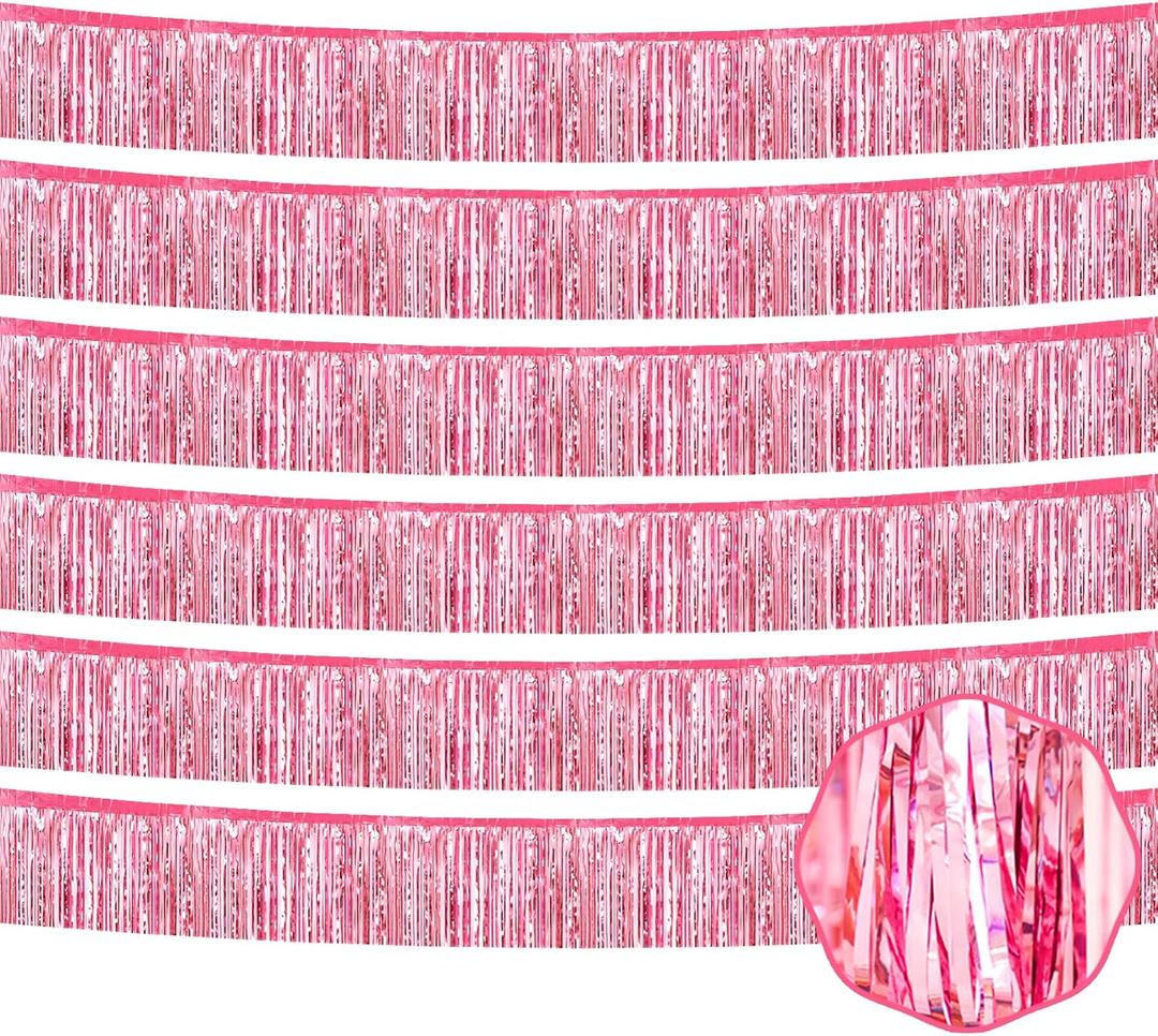 6 Pack 10 Ft Pink Foil Fringe Garland Metallic Tinsel Streamers Banner Wall Hanging Curtain Backdrop for Parade Floats, Christmas Day, Thanksgiving Day, Halloween, New Year Party Decoration