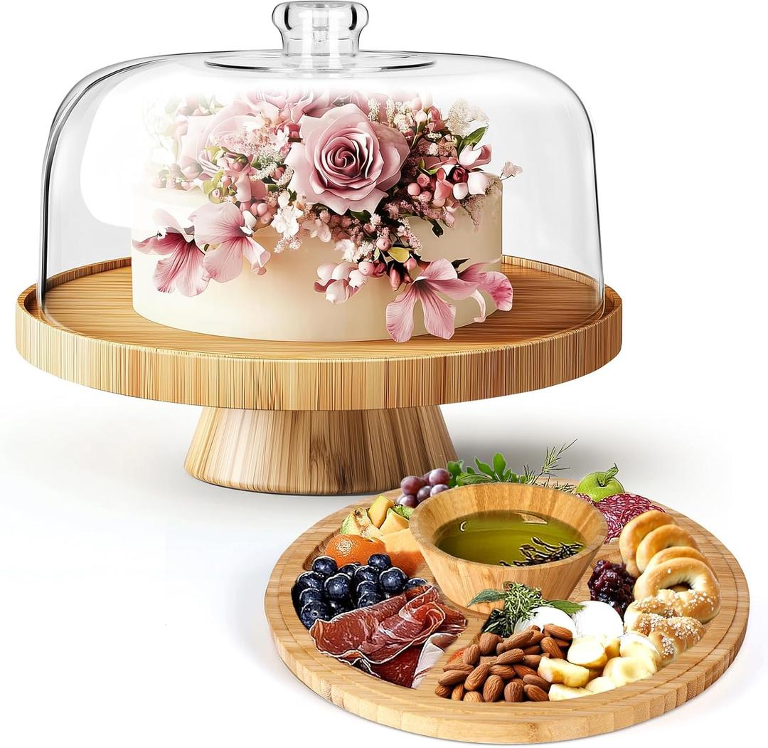 MASTERTOP Cake Stand with Dome Cover - 6 in 1 Cake Stand with Lid, Multi-Functional Wood Serving Platter/Cake Plate/Salad Bowl/Nachos/Punch Bowl, Wedding Cake Stands for Dessert Table