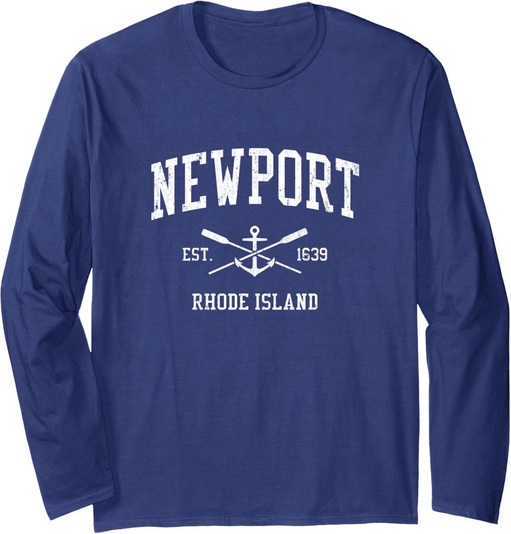 Newport RI Vintage Crossed Oars & Boat Anchor Sports Long Sleeve T-Shirt (Blue, S)