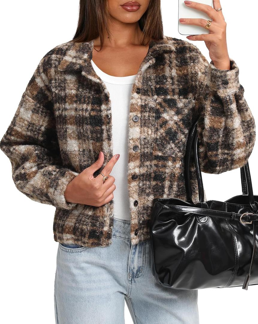 Darong Women's Cropped Fuzzy Fleece Jacket Shacket Button Down Plaid Leopard Jackets Warm Winter Soft Cozy Coat, M