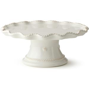 Heritage Scroll Footed Cake Plate Elegant 11.5" x 4.75" Ivory Stoneware Pedestal Stand with Sculpted Rim Display Cakes, Cupcakes, Pies & Pastries in Timeless Style