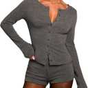 MakeMeChic Women's 2 Piece Spring Outfits Long Sleeve Crew Neck Button Down Shirt and Shorts Matching Set (Grey, Small)