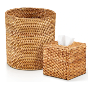 Log Color 2 Pcs Rattan Can & Square Tissue Box Cover, Rattan Hand Woven Basket Set Wicker Bathroom Accessories for Bedroom Kitchen Office Organizer