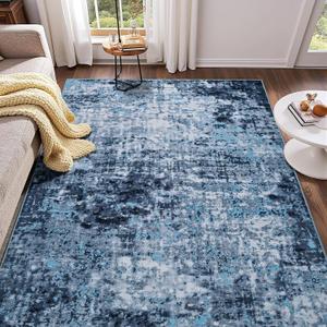 Modern Abstract 3x5 Rug, Non Slip Entryway Rug, Soft Machine Washable Rugs for Indoor Entry, Low Pile Stain Resistant Distressed Rug for Living Room, Bedroom, Blue