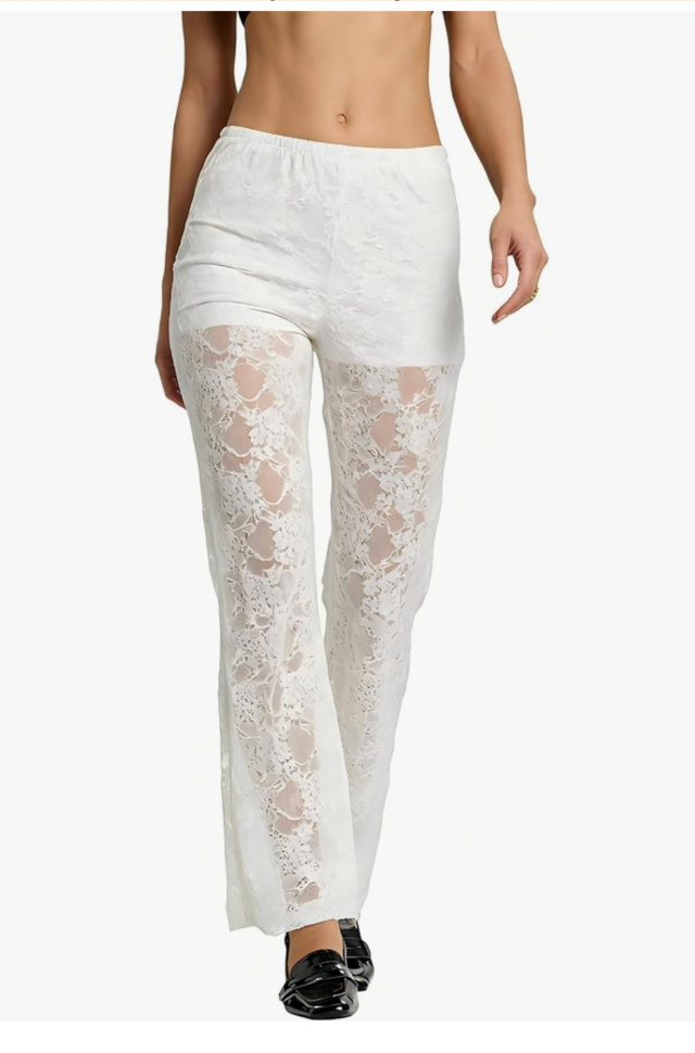 QJQ Women's Floral Lace Sheer Mesh Flare Pants Elastic High Waisted Bell Bottom Sexy See Through Trousers, Size S
