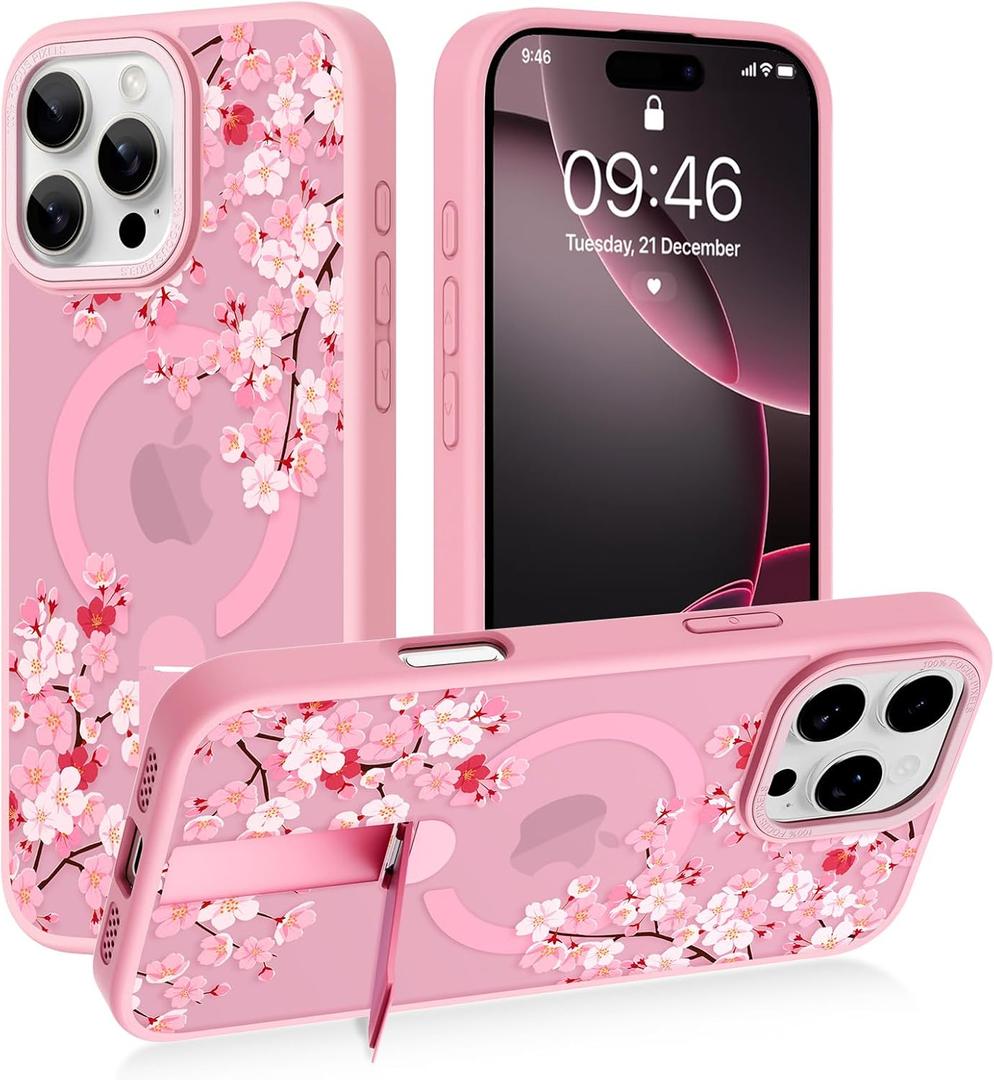 AIGOMARA Magnetic Stand for iPhone 16 Pro Case, Aesthetic Cute Pink Floral Flower Design for Women Girls, Compatible with Magsafe, Slim Translucent Matte Protective Kickstand Phone Case