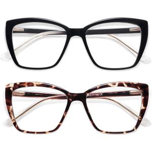 AMOMOMA Trendy TR90 Oversized Blue Light Reading Glasses Women,Stylish Square Cat Eye Glasses AM6031 C1+C6 1.5 x