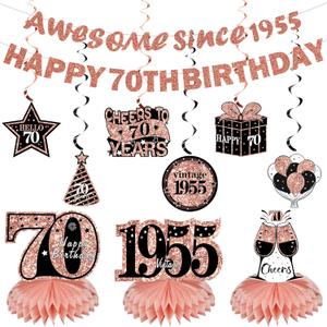 11Pcs 70th Birthday Decorations Kit for Women, Rose Gold Happy 70th Birthday Banner, Awesome Since 1955 Centerpieces Swirls Party Supplies, Seventy Bday Banner Ceiling Table Topper Sign