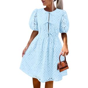 KIRUNDO Eyelet Summer Dresses for Women 2025 Short Sleeve Tie Front Babydoll A Line Wedding Guest Beach Vacation Sundress (Medium, Light Blue)
