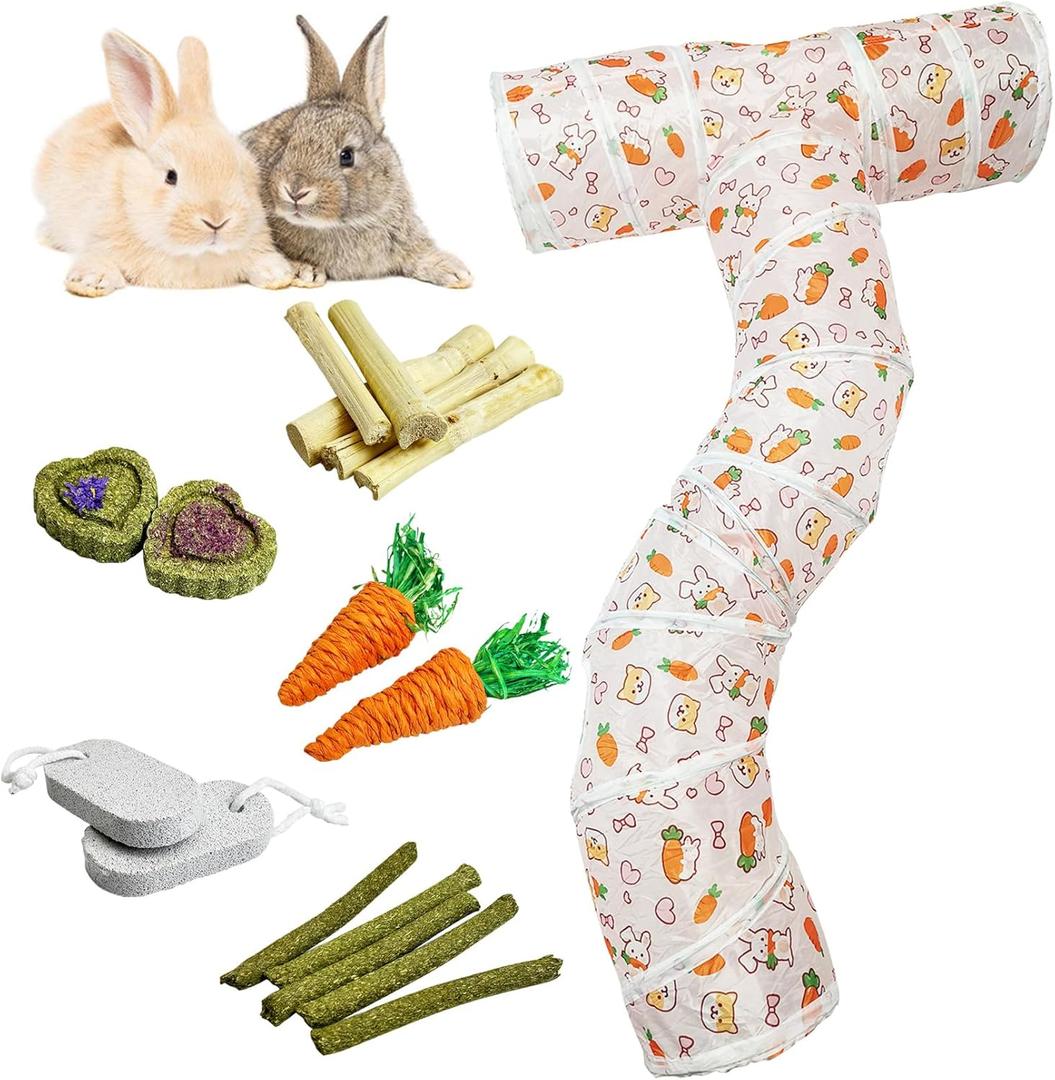 PINVNBY Large Rabbit Tunnel，Collapsible Rabbit Tunnels for Indoor Bunnies Bunny Hideout with 5 Types of Chewing Toys for Ferret Kitten Small Animals (T Shape)