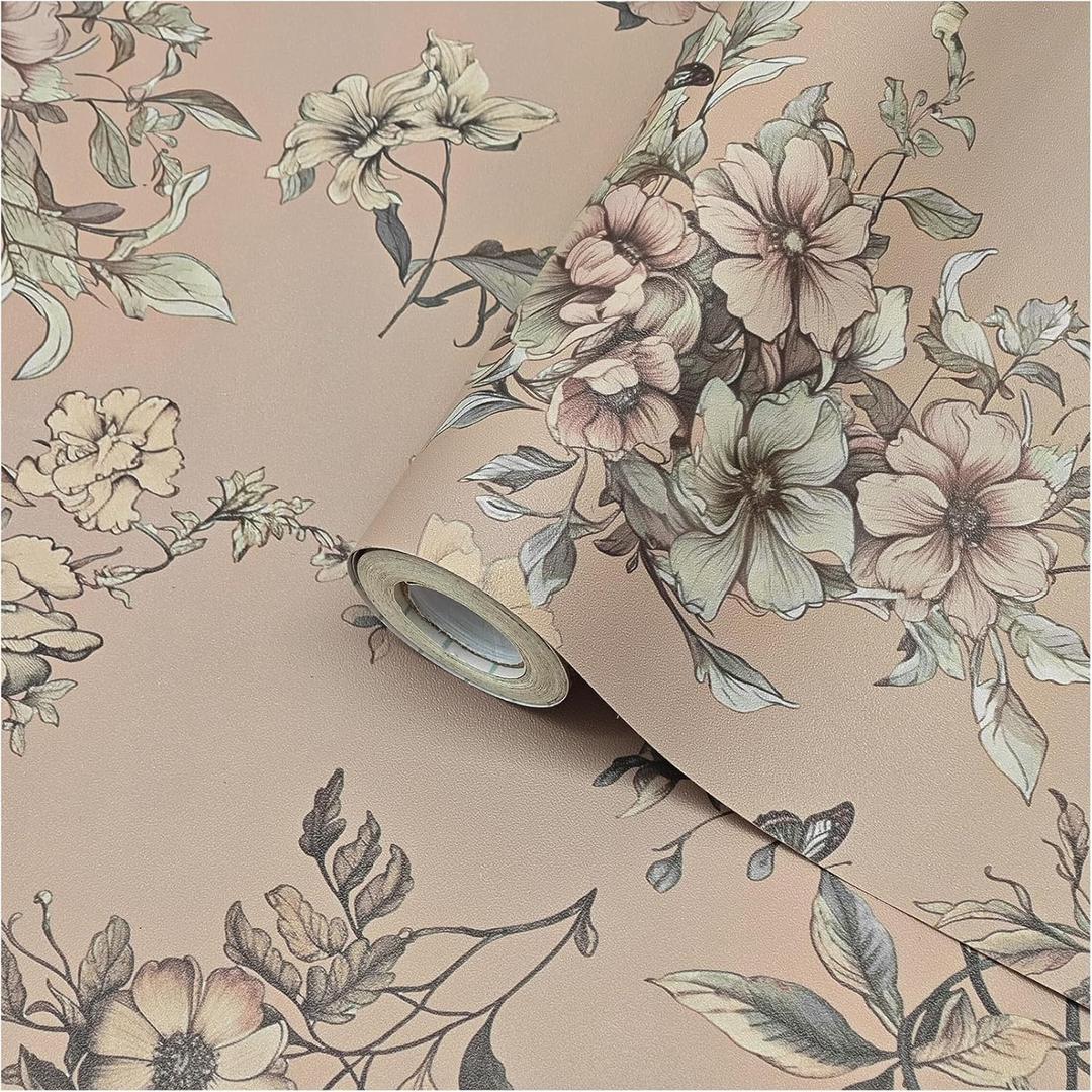 Floral Wallpaper Peel and Stick Wallpaper Boho 17.3"197" Vintage Floral Contact Paper for Cabinets Removable Self Adhesive Wall Paper for Bedroom Butterfly Flower Mural Decor Vinyl Roll