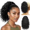 10 inch Ponytail Extension Drawstring Ponytail for Black Women Short Wavy Curly Ponytails Fluffy Natural Looking Pony Tails Hair Extensions Synthetic Hairpiece (1B)