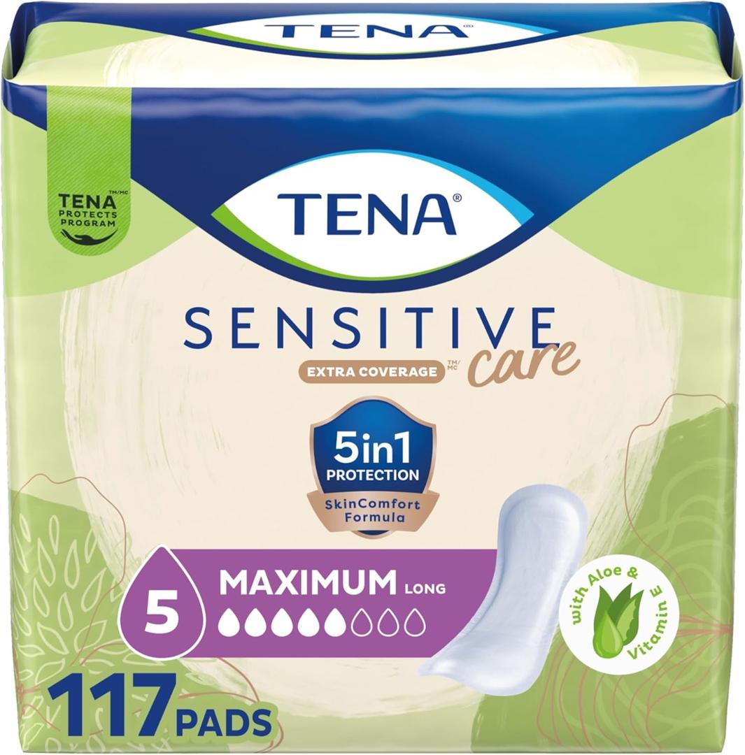 TENA Sensitive Care Incontinence Pads for Women, Bladder Control & Postpartum, Maximum Absorbency, Long - 117 Count