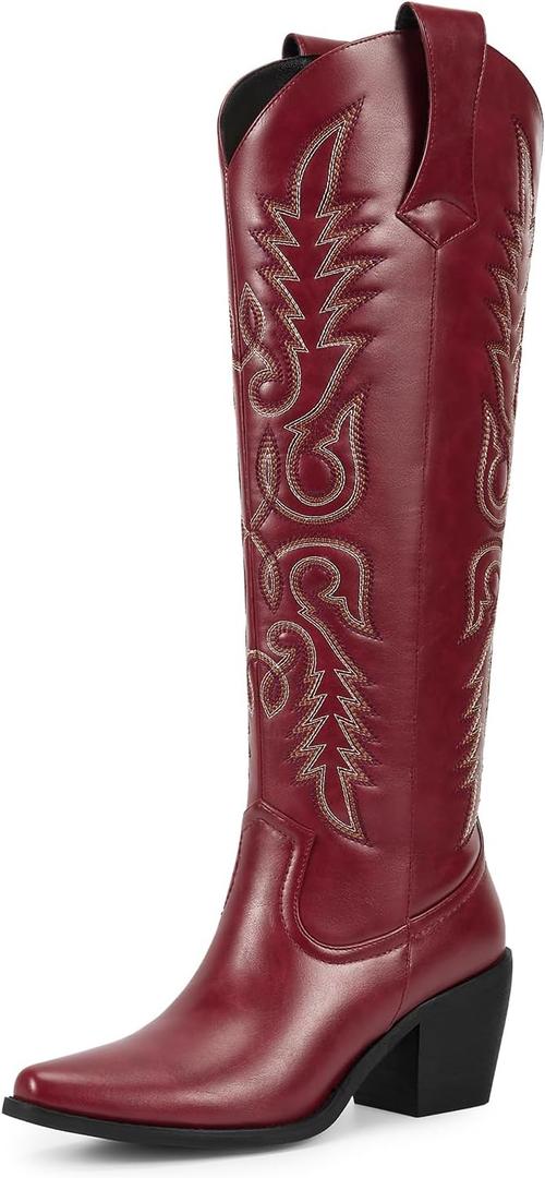 wetkiss Womens Cowboy Boots Side Zipper Ladies Cowgirl Knee High Boots,Comfortable Retro Tall Vintage Embroidery Pointed Toe Block Chunky Heel (7.5, Red)