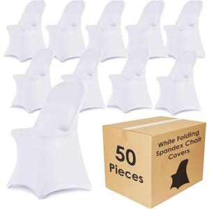 Craft And Party 50 Pack White Spandex Folding Chair Covers, Stretch Polyester Slipcovers for Wedding, Party & Dining Chairs Flat Front Design, Universal Fit