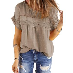 Dokotoo Womens Summer Tops Lace Crochet Short Sleeve Shirts Chiffon Blouses | Blouses for Women Dressy Casual, Solid Loose Fit, Fashion Womens Summer Outfits, Lightweight Pom Boho Tops, Back Button Down (Beige, XXL)