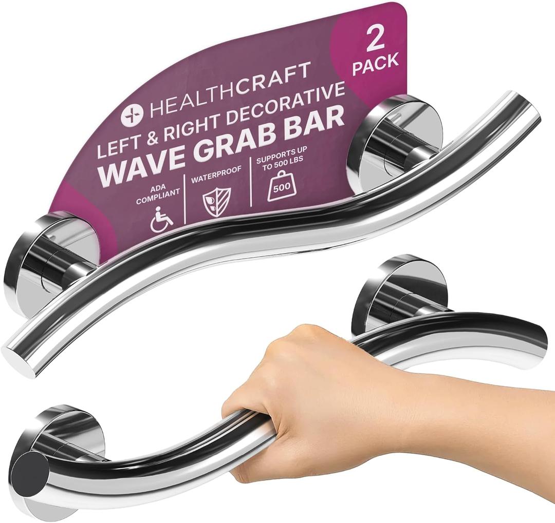 HEALTHCRAFT Wave Grab Bar 18", ADA Shower Rail - Polished Chrome, 500 Lbs | Wave-shaped decorative grab bar, ADA compliant, 500 lb capacity