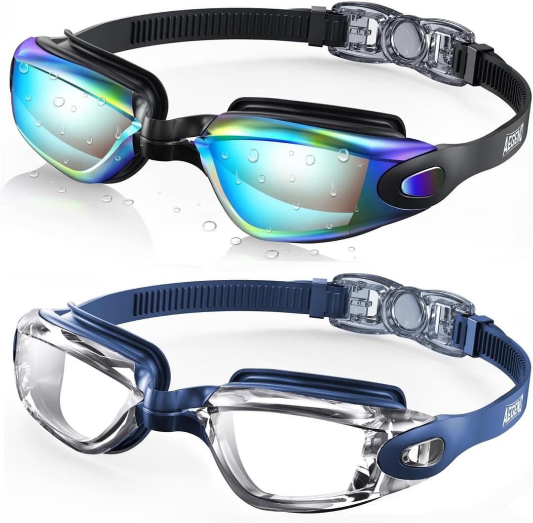 Aegend Swim Goggles, 2 Pack Swimming Goggles No Leaking Adult Men Women Youth (Aqua & Clear With Blue Strap)