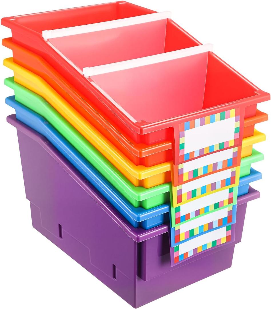 Lineshading 6 Pack Picture Book Organizer Bins with Dividers Large Plastic Book Holders with Labels Multi Purpose Classroom Organization Bins Storage Container for Classroom Library(Colorful)