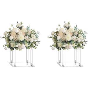 2 Pcs 10 Inches Acrylic Crystal Centerpieces for Wedding Table Decoration Backdrop Flower Stand Clear Column Pillar for Mariage Event Party Floral Dcor (Square)