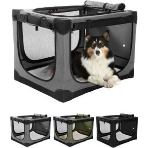 24 Inch Collapsible Travel Dog Crate for Medium Large Dogs, Portable Dog Crate 4-Door Foldable Soft Kennel with Chew-Proof Mesh Windows for Indoor & Outdoor Travel,with Storage Bag,Grey
