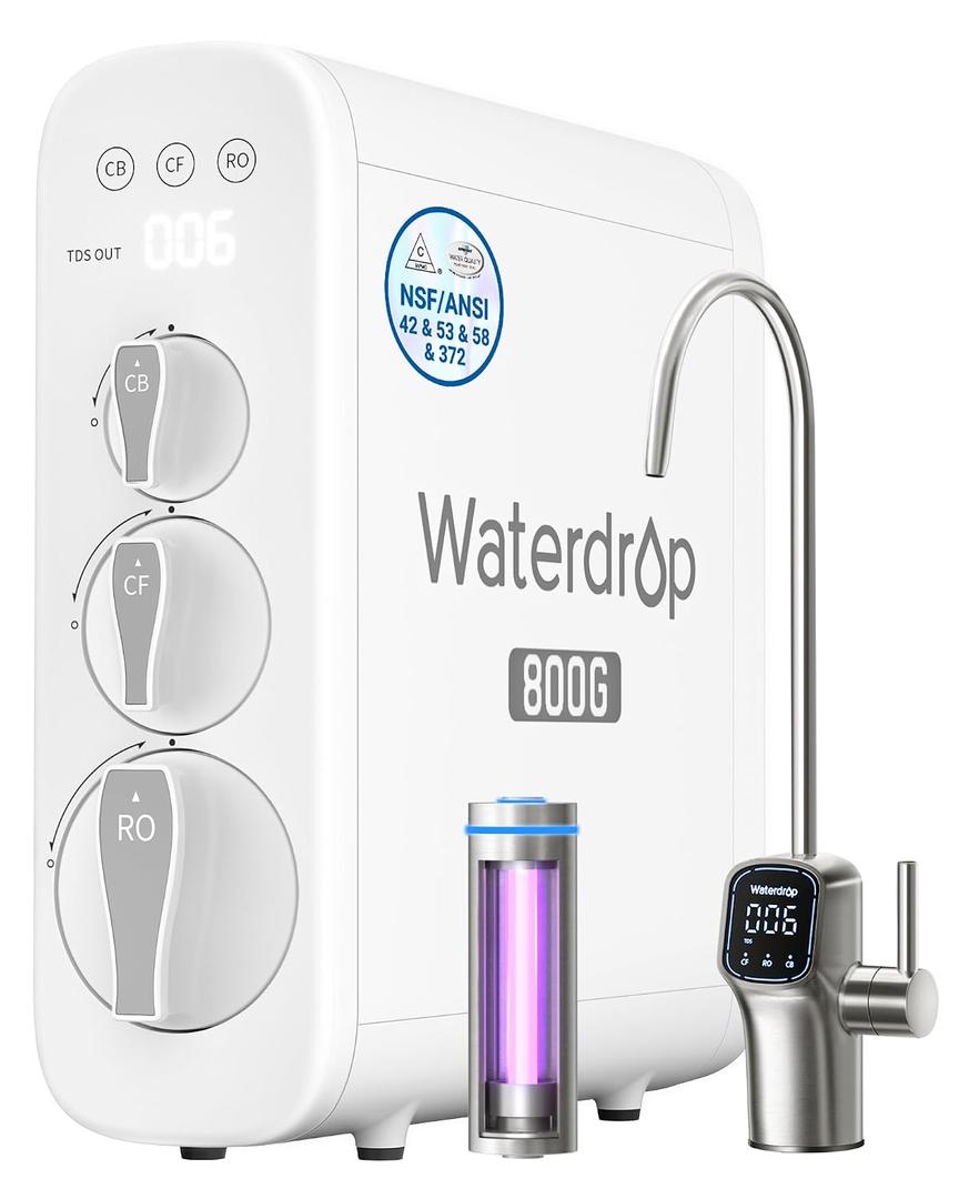 Waterdrop G3P800 Tankless Reverse Osmosis Water Filter System, 800 GPD | NSF/ANSI 42 & 53 & 58 & 372 Certified, 10-Stage RO Water Filtration System Under-Sink, 3:1 Pure to Drain, Smart LED Faucet
