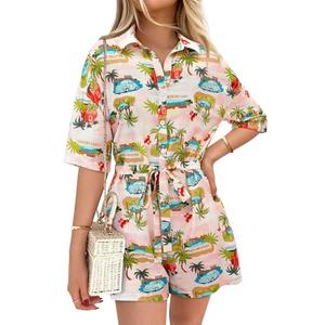 PRETTYGARDEN Womens Rompers for Summer 2025 Beach Vacation Clothes Short Sleeves Floral Jumpsuits Beach Cover Up(White+Blue leaf,Medium)
