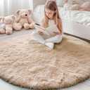 OLANLY Beige Round Rugs for Bedroom - Machine Washable, 5 ft Circle Area Rugs for Living Room, Soft and Fluffy Shaggy Carpet for Teen Girls and Boys, Nursery Rooms, Dorms, Home Decor Aesthetic