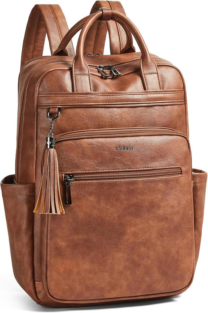 Shrrie Laptop Backpack for Women 15.6 inch Travel Leather Backpack Purse Work Computer Backpacks for Business College Brown