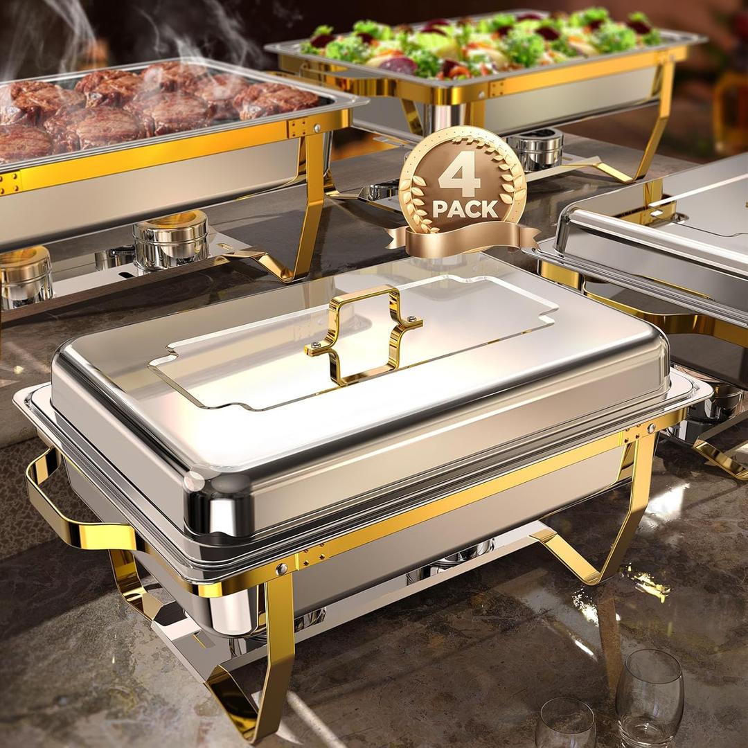 Chafing Dishes for Buffet 4 Pack, 9QT [Elegant Gold and Silver Colors] Stainless Steel Chafing Dish Buffet Set [Sturdy and High Grade] Chafers and Buffet Warmers Sets for Any Party with Complete Set