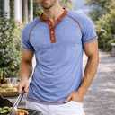 AlRithms Men's Short Sleeve Henley T-Shirt (US, Alpha, Medium, Regular, Regular, Light Blue)